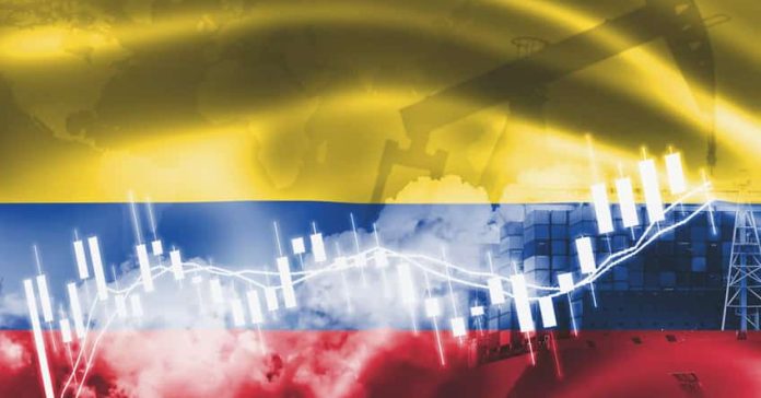 Colombia flag, stock market, exchange economy and Trade, oil production, container ship in export and import business and logistics.