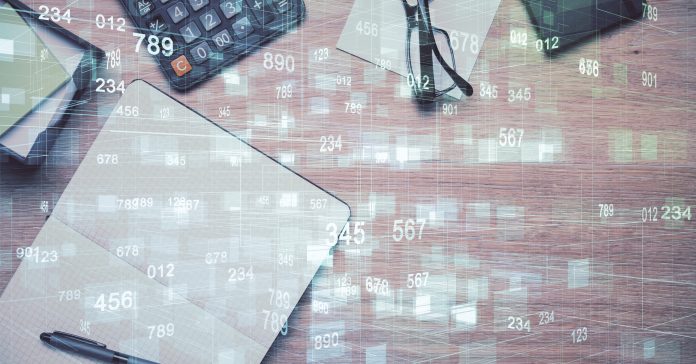 Double exposure of technology theme drawing over work table desktop. Top view. Global data analysis concept.