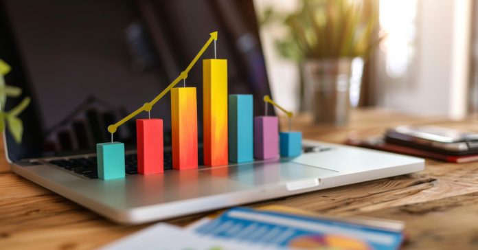Color, home and laptop with charts, seo or planning for funding or campaign for analytics. House, computer or graph with development or statistics with data analysis or information for company growth.