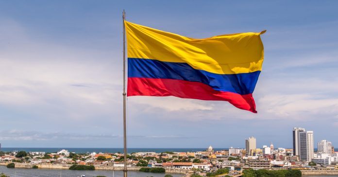 Colombian Flag over city of Cartagena, Colombia